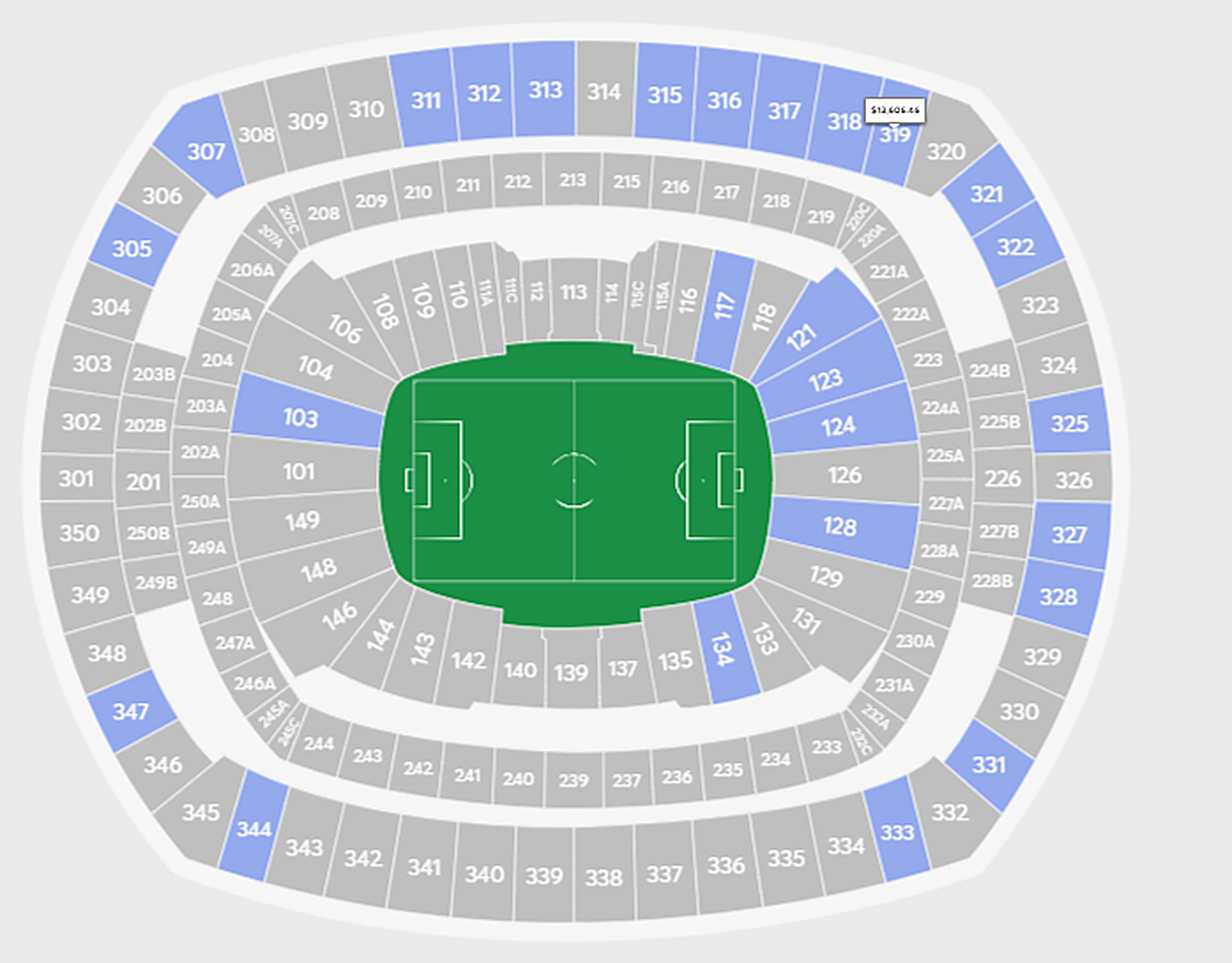 Stadium seat map with section numbers